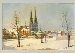 De St.Catharinakerk, geschilderd door Karel Vermeeren. Omslag voorzijde van het boekwerkje van Museum Kempenland: Een leven verknocht aan Eindhoven, 1987. Verzameling Hüsken